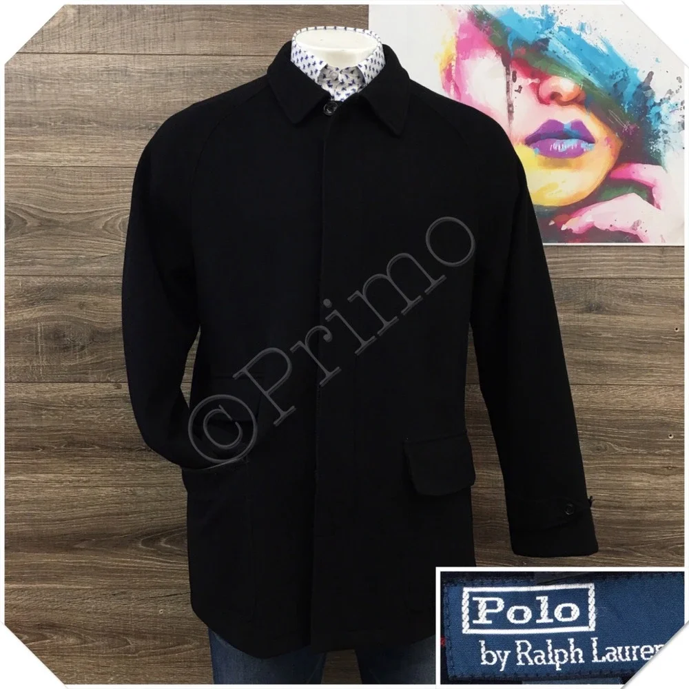 VINTAGE POLO RALPH LAUREN Mens Long Coat Casual Jacket Size L Wool Flannel Lined
